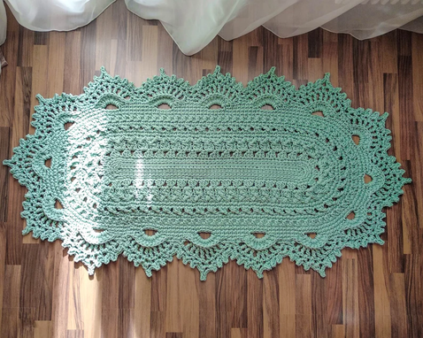 Custom Made Green Oval Crocheted Rug, Textured Cozy Carpet