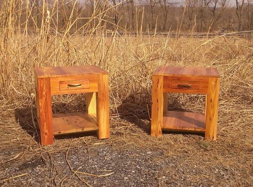 Custom Made Heart Pine Parsons Style End Tables With Drawer, Shelf And Vintage Pulls