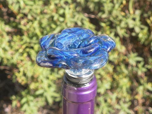 Custom Made Hand-Blown Glass Rose Bottle Stopper In Blue Swirls