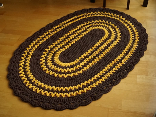 Custom Made Large Dark Brown Oval Crochet Rug With Yellow Stripes