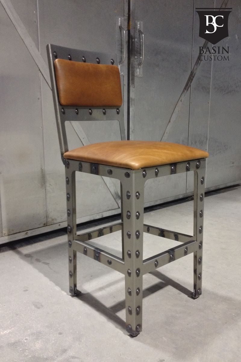 Hand Crafted Custom 24" Industrial Bar Stools With Upholstered Back by