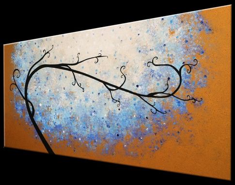 Custom Made Large Original Abstract Tree Painting, Textured Blue Gold Metallic, 2x4ft Abstract Tree, 24x48