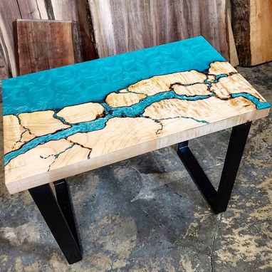 Custom Made Fractal Estuary Island End Table - Custom Epoxy River Table
