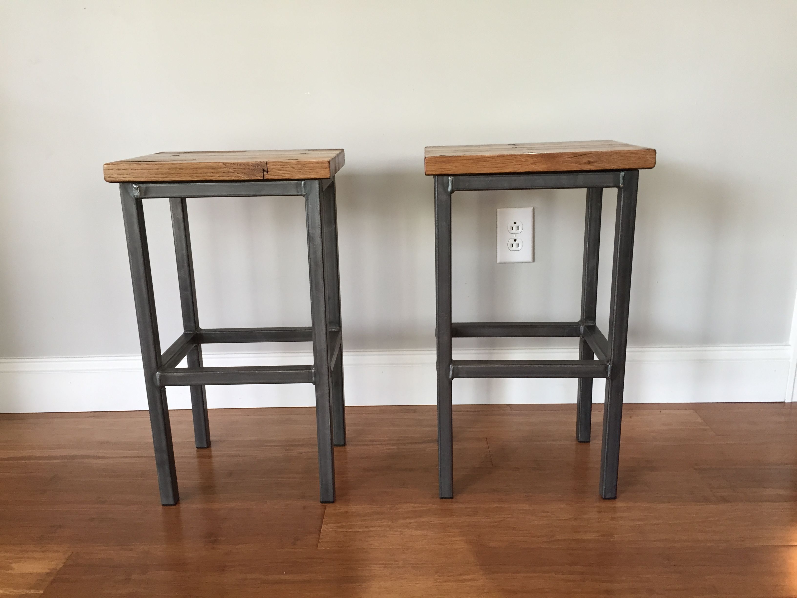 Buy Hand Made Reclaimed Oak Wood Bar Stools W/Steel Frames - Handmade ...