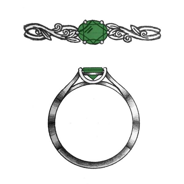 This east-west emerald engagement ring features a white gold flowery band.