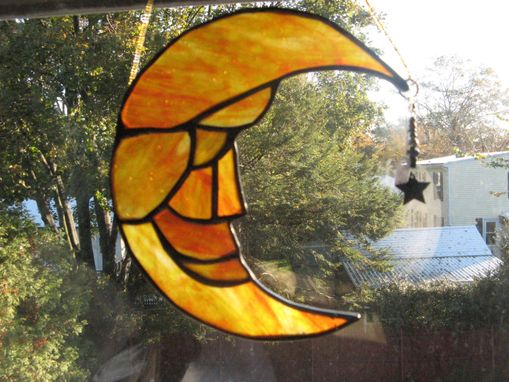 Custom Made Stained Glass Moon Light Catcher With Crystal Star Dangle