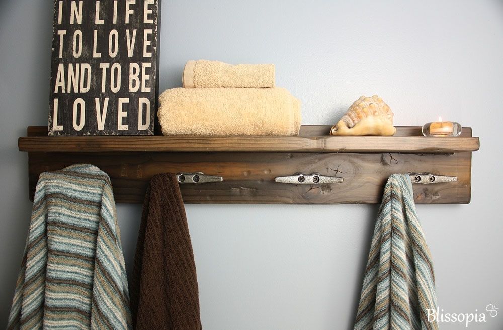 Hand Made Bath Shelf With Boat Cleat Towel Hooks by Blissopia