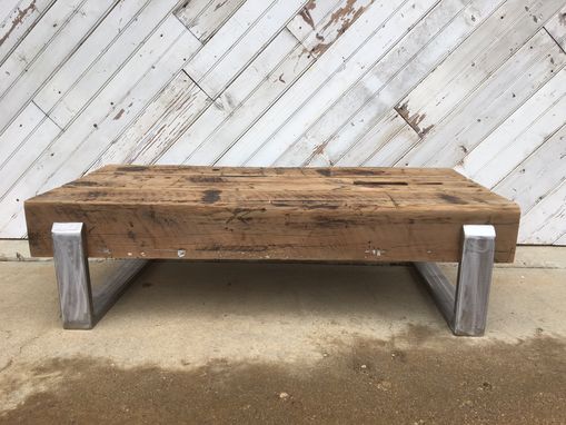 Custom Made Reclaimed Beam And Stainless Steel Coffee Table