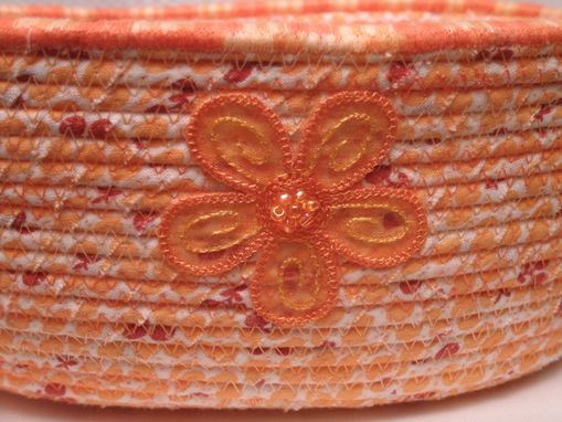 Custom Made Fabric Wrapped Bowl. Fabric Hand-Wrapped Over Clothesline. Medium Oval. Oranges And Whites.
