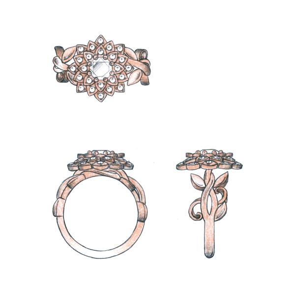 Our design sketch for this lotus flower engagement ring.