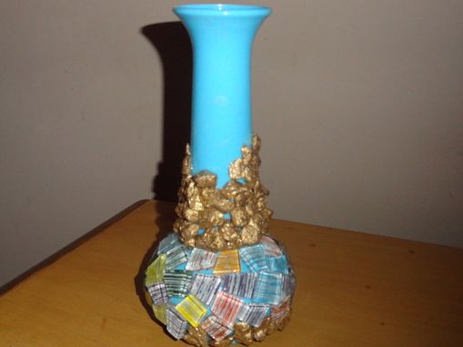 Custom Made Light Blue Plastic Vase W/Mosaic Tile Gold Nuggets