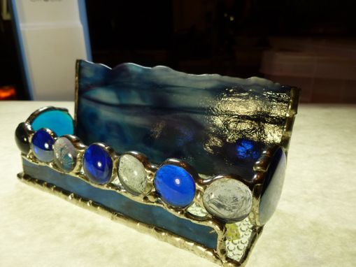 Custom Made Blue And Purple Stained Glass Business Card Holder With Agate