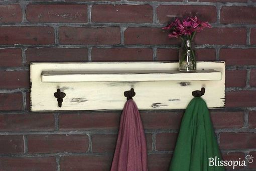 Custom Made Distressed Rustic Shelf With Antique Coat Hooks