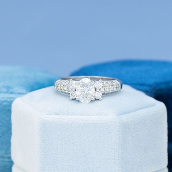 A pavé band brings even more sparkle to this lab diamond engagement ring.