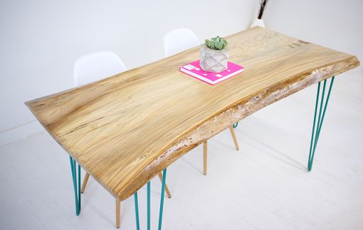 Custom Made Live Edge Elm Slab With Teal Hairpin Legs - Only 1 Available!