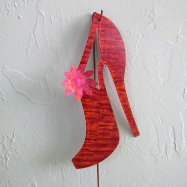 Custom Made Handmade Upcycled Metal Red Shoe Garden Stake
