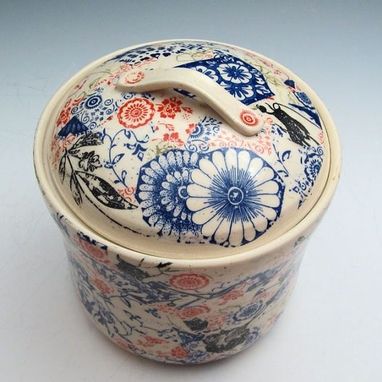 Custom Made Stoneware Canister With Multi-Colored Patterns
