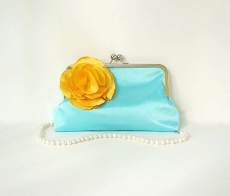 Custom Made Blue Satin Clutch Purse With Yellow Flower Accent
