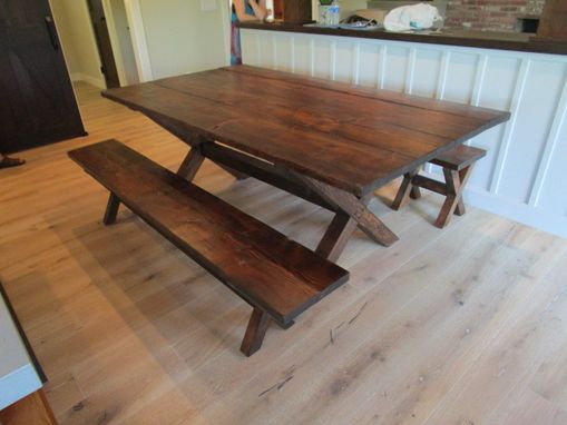 Custom Made Reclaimed Wood Dining Table And 4 Benches