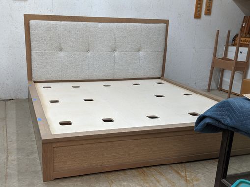 Custom Made White Oak Storage Platform Bed With Padded Headboard