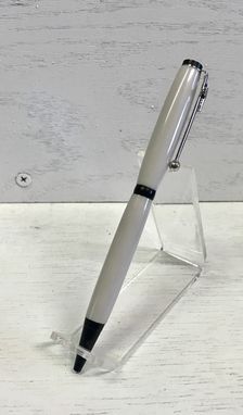 Custom Made Custom Slimline Twist Pen With Gray "Pearl" "Solid Surface' Acrylic Body And Black Enamel Trim
