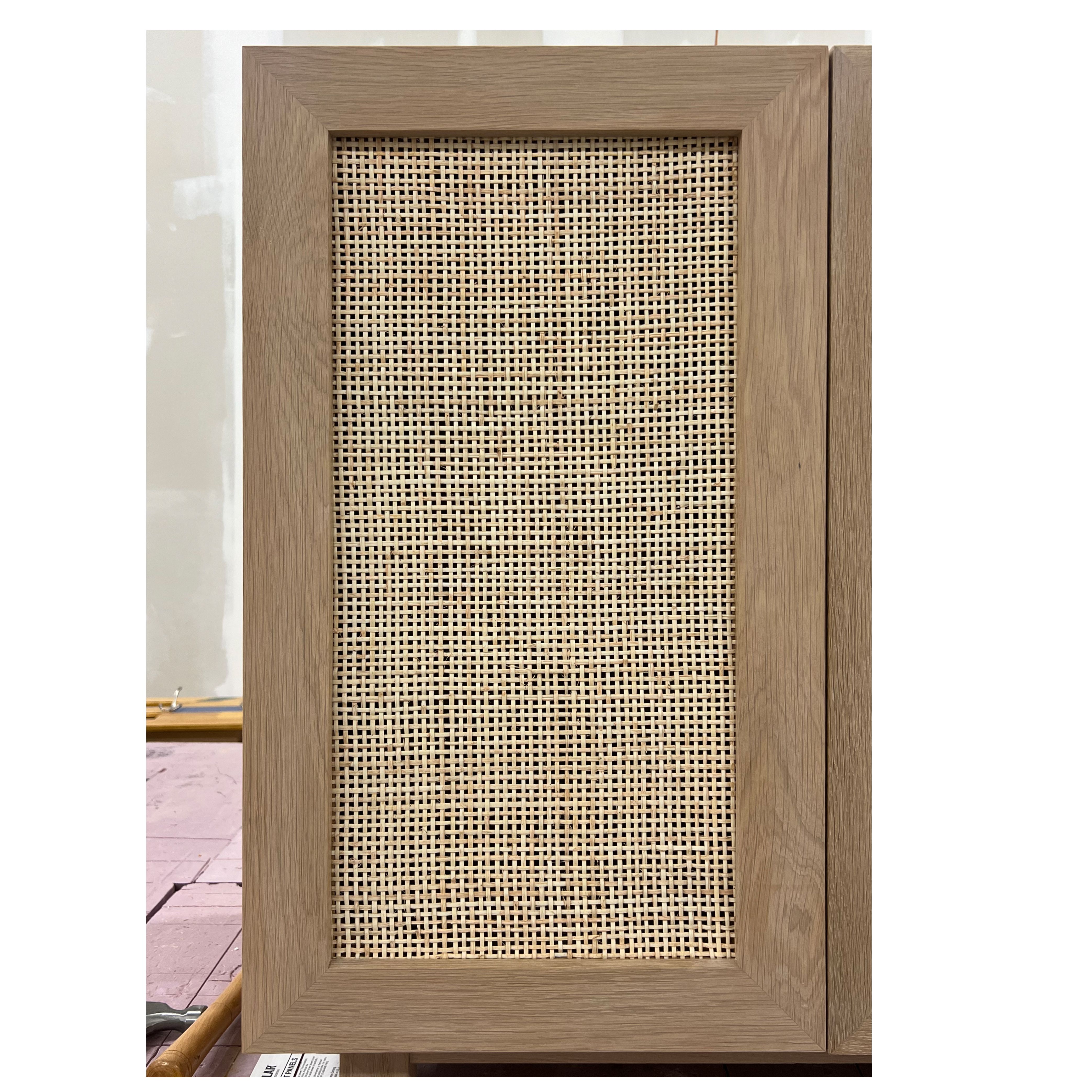 Handmade Coastal Charm White Oak Media Center With Rattan Doors by Dovetails and Stitches