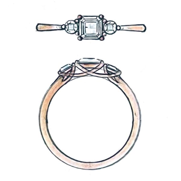 An Asscher cut moissanite center stone sits between two round side stones, all held in a soft trellis setting.