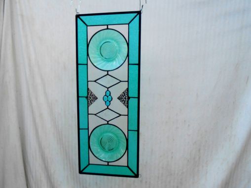 Custom Made Stained Glass Transom Window, Antique Jeannette Ultramarine Swirl Plate Stained Glass Window Panel
