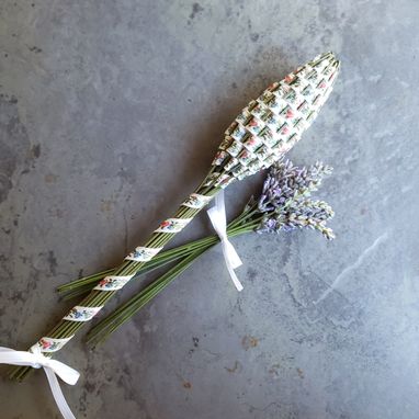 Custom Made Lavender Filled Handwoven Jacquard Wand Basket Embroidered Flowers On White