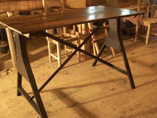 Custom Made Reclaimed Wood Train Bridge Industrial Metal Base Table With Plank Top