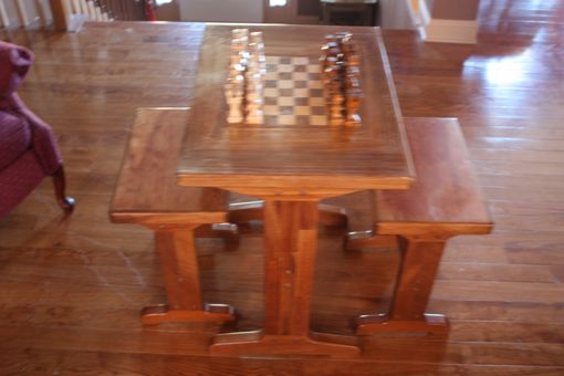 Custom Made Chess Table And Benches W/  Chessmen And Checkers