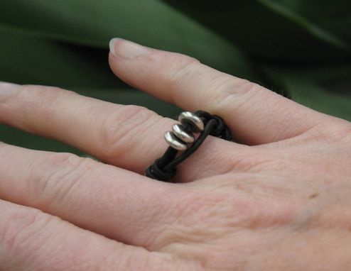 Custom Made Ring / Adjustable Ring: Black Leather With Three Silver Beads