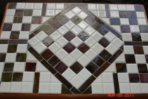 Custom Made Multi Leveled Mosaic End Table With White Tiles And Green & Burgandy Glass