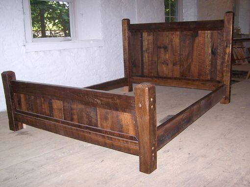 Custom Made Reclaimed Antique Oak Wood Queen Size Rustic Bed Frame With Beveled Posts