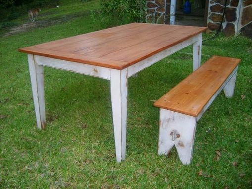Custom Made Yellow Pine Table With Antique White Base, Matching Benches