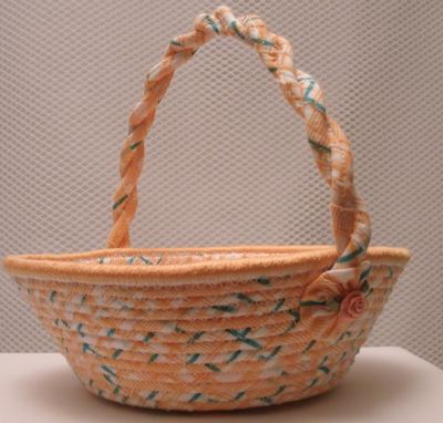 Custom Made Cloth Basket W/Handle - Coiled - Clothesline Handwrapped In Fabric. Small Round - Peach.