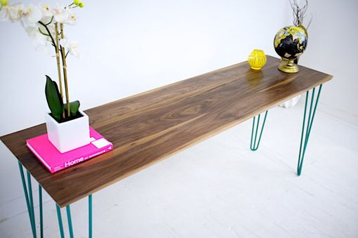 Custom Made Walnut Console Table, Teal Hairpin Legs, Mid Century Modern Console Or Sofa Table
