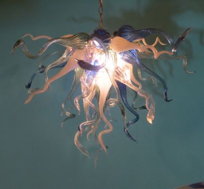 Custom Made Blown Glass Chandelier - Cobalt White Teal Chandelier - Art Glass Lighting