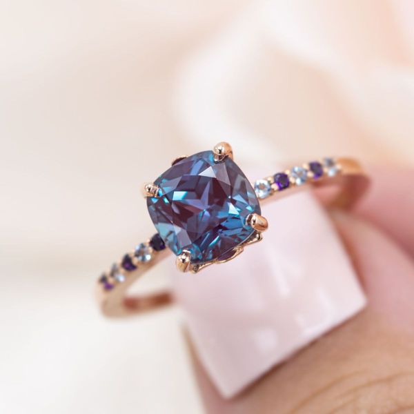 Blue is the theme for this alexandrite engagement ring with amethyst and aquamarine accents.