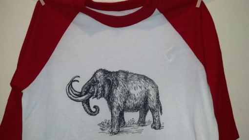 Custom Made Woolly Mammoth Screen Printed T Shirt, Black Ink White And Red Baseball Shirt