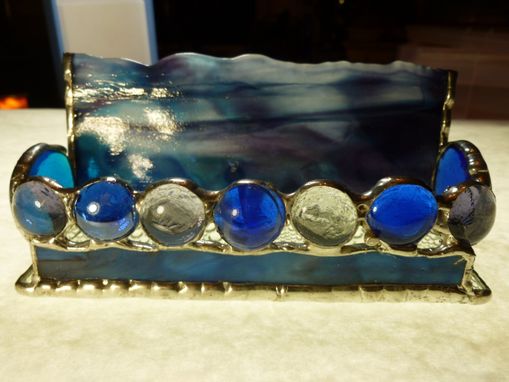 Custom Made Blue And Purple Stained Glass Business Card Holder With Agate