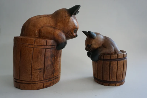 Custom Made Cat In The Basket  Wooden Figurine  Cat Sculpture  Home Decor