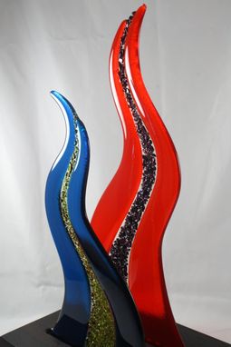 Custom Made Orange And Blue Fused Glass Sculpture With Wooden Base