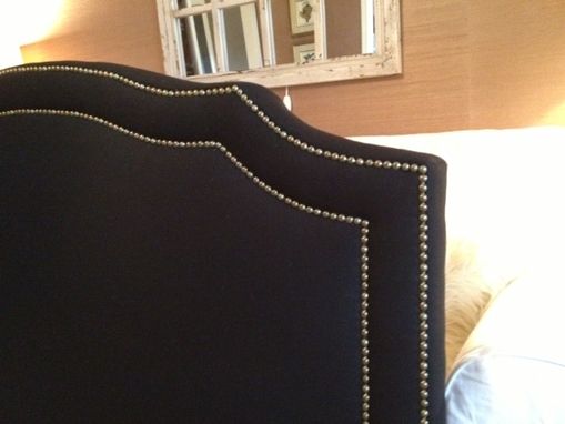 Custom Made Notched Upholstered Headboard, Navy Linen, Antiue Brass Nailhead