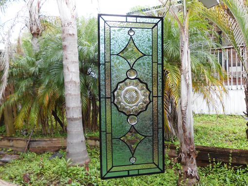 Custom Made 1930s Heisey Depression Glass Stained Glass Panel, Vintage Window Transom W Peerless Plate