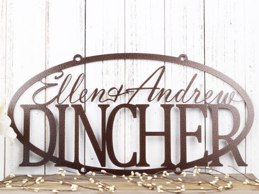 Custom Made Family Name Oval Metal Sign With First Names - Copper Vein Shown