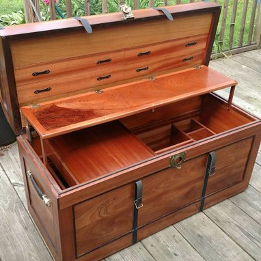 Custom Sapele Steamer Trunk With Lid Mounted Drawers And Tray By