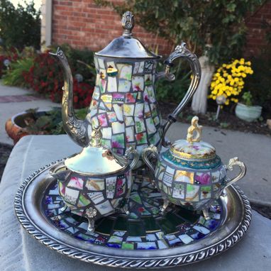 Custom Made Mosaic Silver Teapot Decorated With Broken China