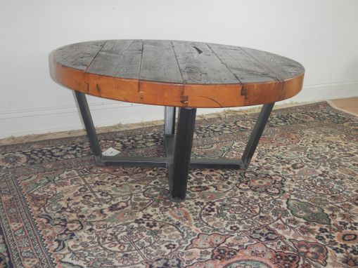 Custom Made Reclaimed Wood And Welded Steel Round Coffee Table