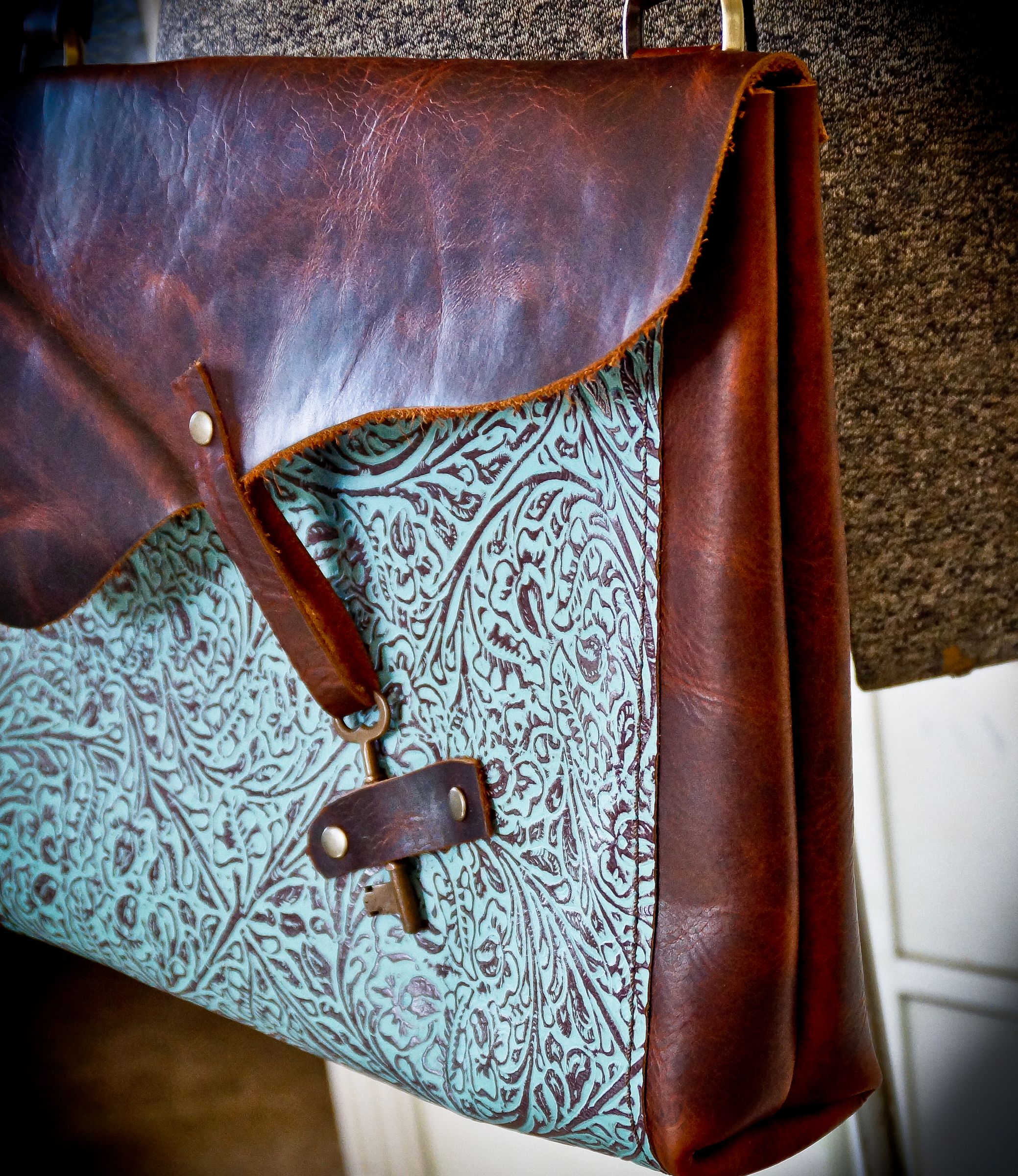 Genuine Leather Tooled Fringe Hip Clip Bag - Black/Turquoise